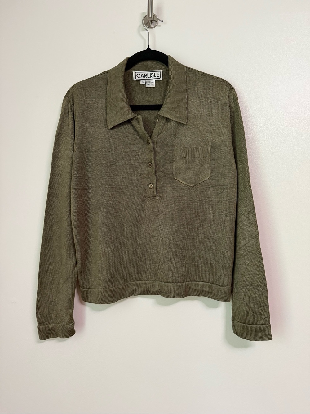 Vintage Carlisle Silk Knit Long Sleeve Polo Sweater Top Olive Green, size M